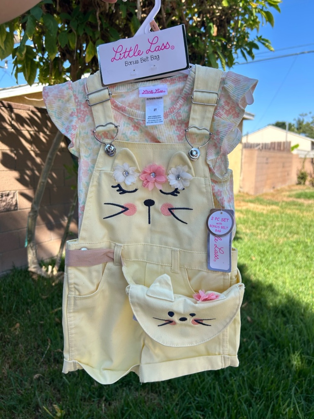 Little Lass Pale Yellow Cat Face Overall Set with Floral Accents